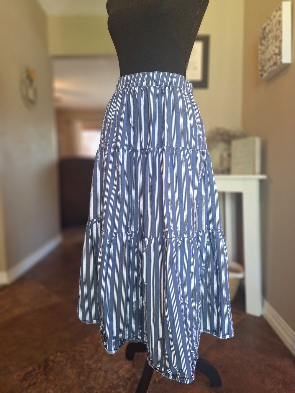 Old Navy Blue and White Striped Tiered Maxi Skirt M